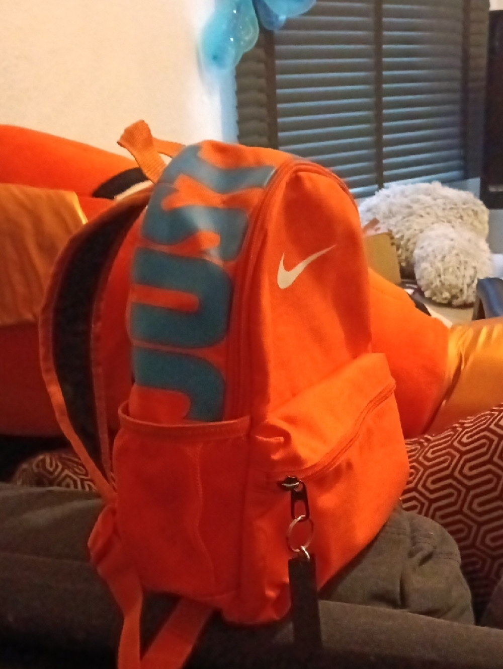 Nike Orange Backpack with Blue Lettering Just Do It Barely Used